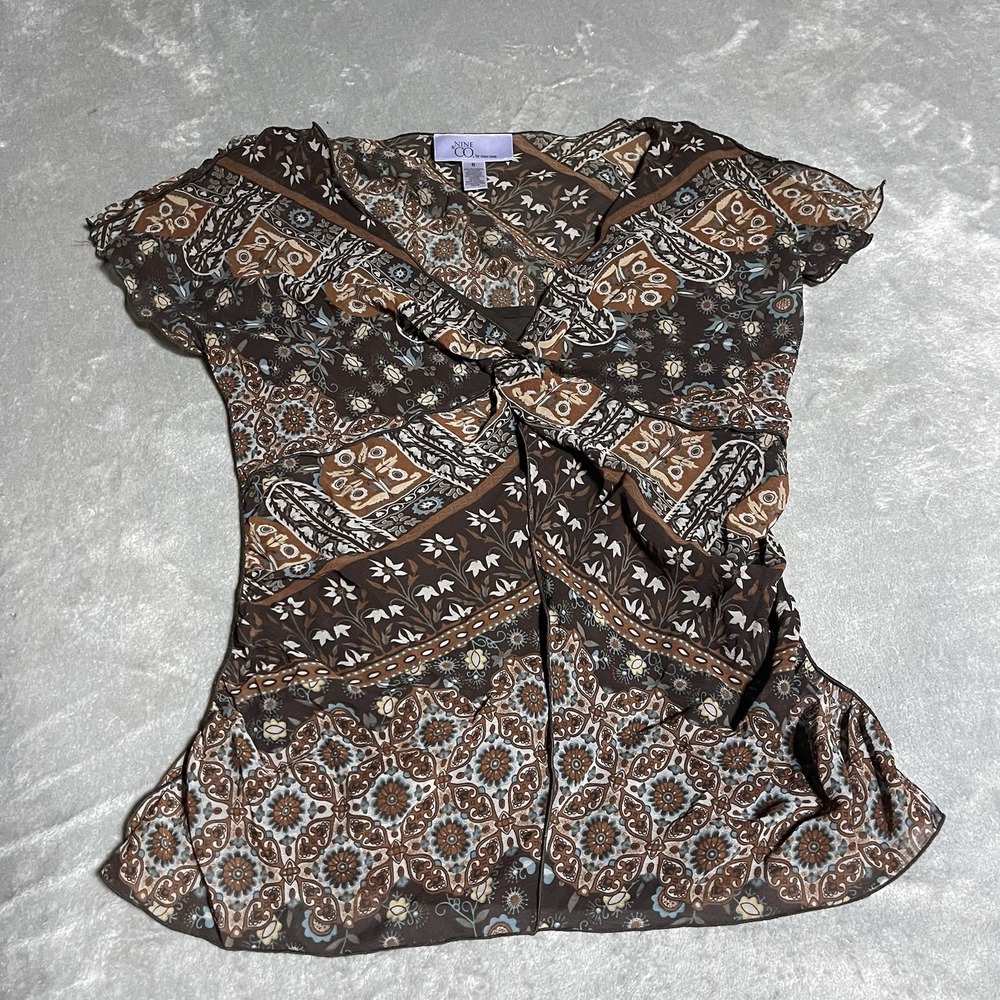 Y2K Nine & Co Top Womens 6 Brown Ruffle Boho V Neck Floral Hippie‎ Boho Fairy